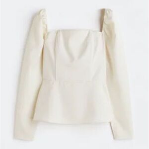 Cream Peplum Blouse with Puff Sleeves
